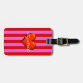 Hot-roze, rode strepen, monogram met rood metallis bagagelabel (Voorkant horizontaal)