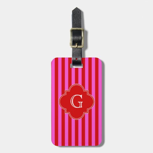 Hot-roze, rode strepen, zwart Quatrefoil Monogram Bagagelabel (Voorkant verticaal)