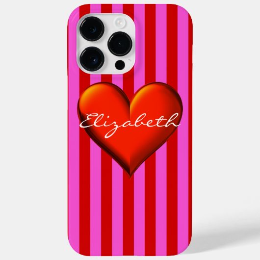 Hot-Roze Rode Stripe Red Metallic Heart Monogram Case-Mate iPhone Case (Achterkant)