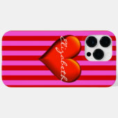 Hot-Roze Rode Stripe Red Metallic Heart Monogram Case-Mate iPhone Case (Achterkant (horizontaal))