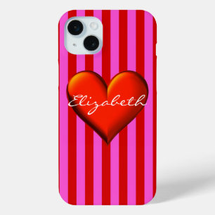 Hot-Roze Rode Stripe Red Metallic Heart Monogram iPhone 15 Mini Hoesje