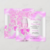 Hot-roze Roos Champagne White Floral Party Kaart (Voorkant / Achterkant)