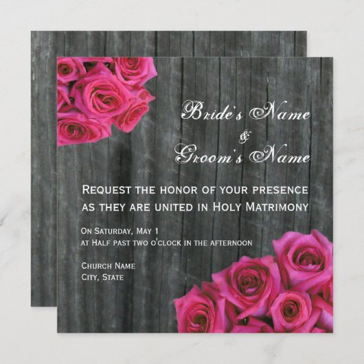 Hot-roze Roos en uitnodiging voor het huwelijk van (Voorkant / Achterkant)