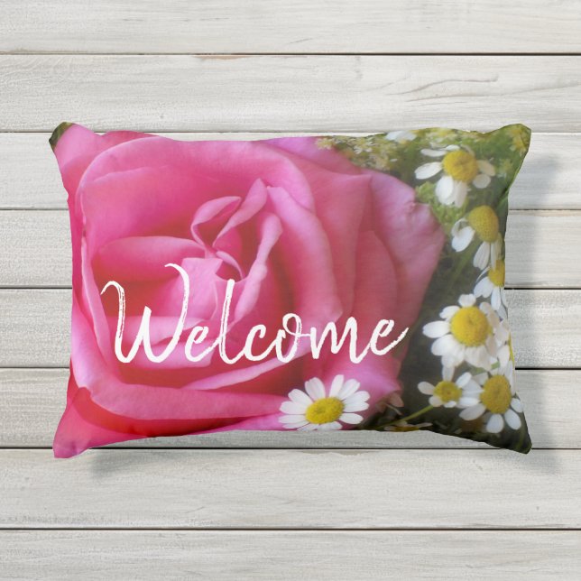 Hot-roze Roos en White Daisies Foto Buitenkussen (Voorkant)