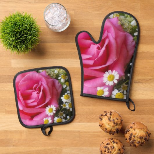 Hot-roze Roos en White Daisies Foto Ovenwant & Pannenlap Set (Top down)