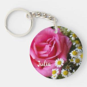 Hot-roze Roos en White Daisies Foto Sleutelhanger