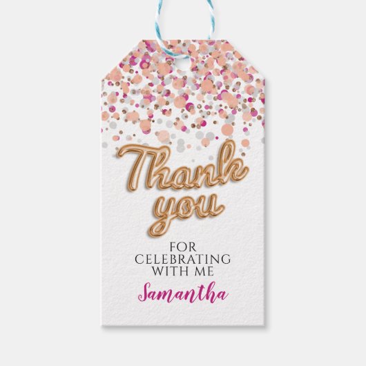 Hot Roze Roos Gouden Confetti Gift Labels Cadeaulabel (Voorkant)