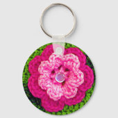 Hot-roze Rosy Flower Green Crochet Print op Sleutelhanger (Voorkant)