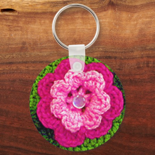 Hot-roze Rosy Flower Green Crochet Print op Sleutelhanger (Voorkant)