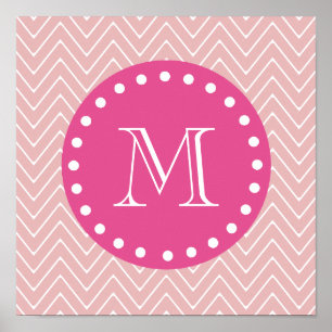 Hot Roze, Roze Chevron Uw monogram Poster