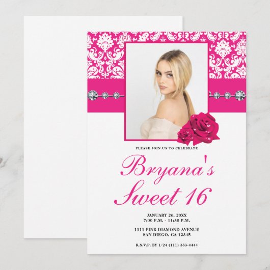 Hot-roze Rozen & Damask Diamond Bling-uitnodiginge Kaart (Voorkant / Achterkant)