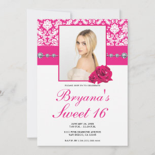 Hot-roze Rozen & Damask Diamond Bling-uitnodiginge Kaart