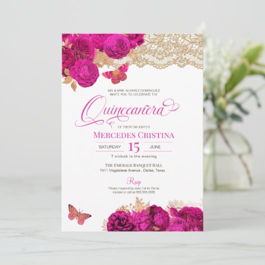 Hot-roze Rozen en kant-en-klare vlinder Quinceañer Kaart (Staand voorkant)