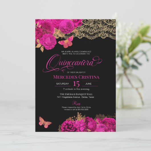Hot-roze Rozen en kant-en-klare vlinder Quinceañer Kaart (Staand voorkant)