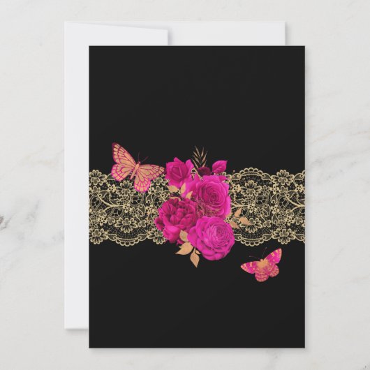 Hot-roze Rozen en kant-en-klare vlinder Quinceañer Kaart (Achterkant)
