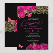 Hot-roze Rozen en kant-en-klare vlinder Quinceañer Kaart (Voorkant / Achterkant)