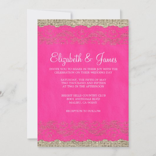Hot-roze Rustic Lace Wedding Invitations Kaart (Voorkant)