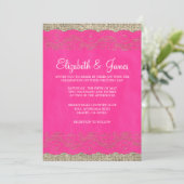 Hot-roze Rustic Lace Wedding Invitations Kaart (Staand voorkant)