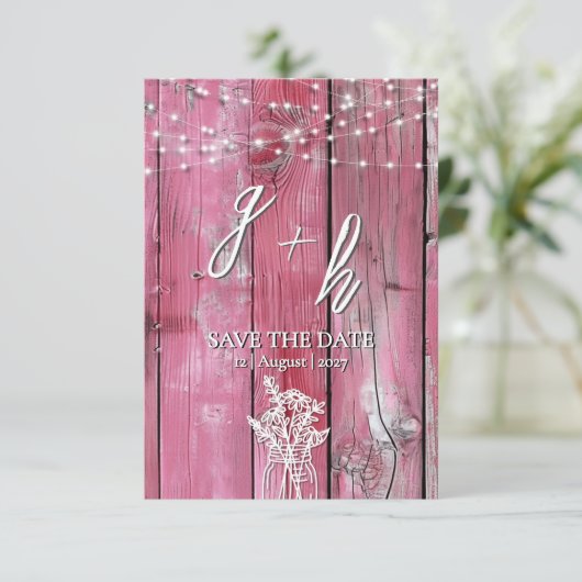 Hot Roze Rustiek Hout String Lights Boho Mason Jar Save The Date (Staand voorkant)