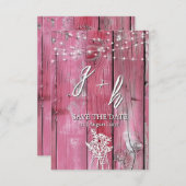 Hot Roze Rustiek Hout String Lights Boho Mason Jar Save The Date (Voorkant / Achterkant)