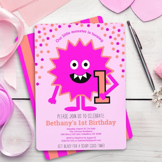 Hot Roze Schattige Little Monster 1st Birthday Cus Kaart