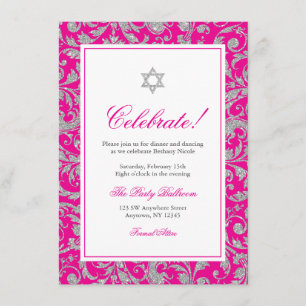 Hot-roze Silver Glitter Swirl Damask Reception Kaart