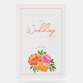 Hot Roze Sinaasappel Bloemen Huwelijk Welkom Acryl Bord (Voorkant)