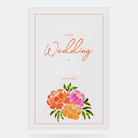 Hot Roze Sinaasappel Bloemen Huwelijk Welkom Acryl Bord (Voorkant)