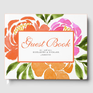 Hot Roze Sinaasappel Bloemen Zomer Huwelijk Gastenboek