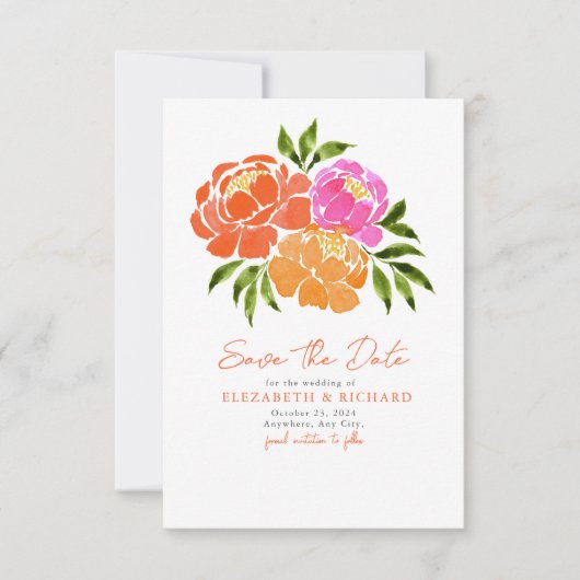Hot Roze Sinaasappel Boeket Bloemen Zomer Save The Date (Voorkant)