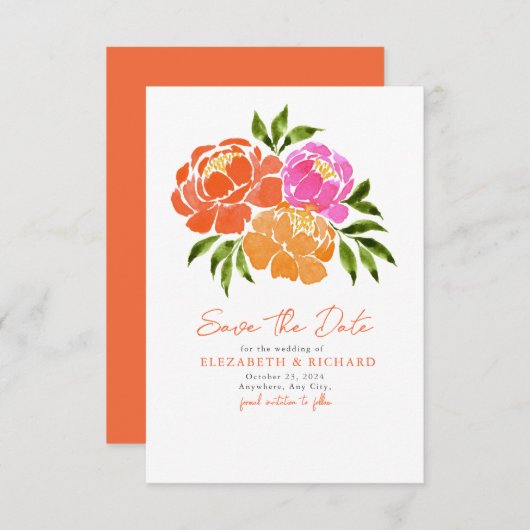 Hot Roze Sinaasappel Boeket Bloemen Zomer Save The Date (Voorkant / Achterkant)