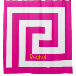 Hot Roze Sinaasappel Grieks Key Monogram Naam Wit Douchegordijn
