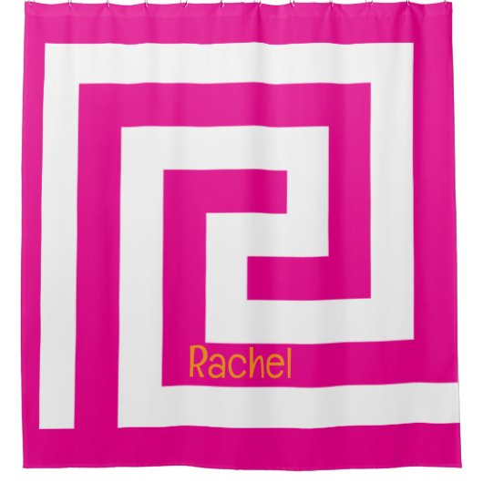 Hot Roze Sinaasappel Grieks Key Monogram Naam Wit Douchegordijn (Voorkant)