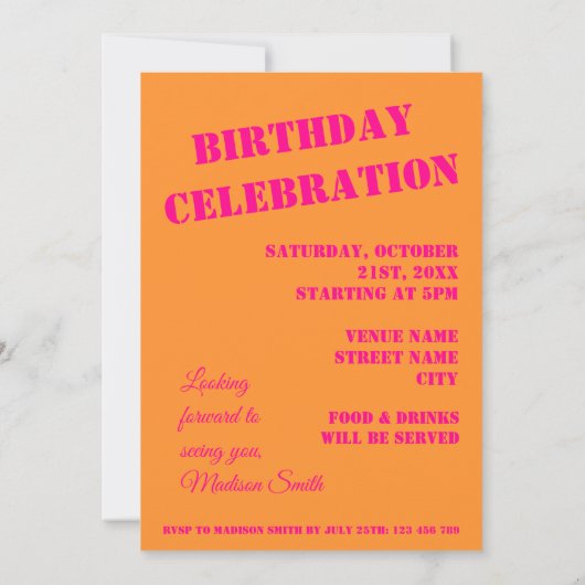 Hot roze sinaasappel verjaardagsfeestje Uitnodigin Kaart (Achterkant)