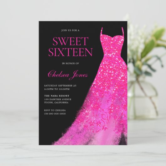 Hot Roze Sparkle Dress Meisjes Sweet 16 Party Kaart (Staand voorkant)