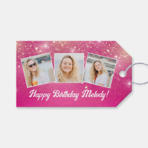 Hot Roze Sparkle Foto Collage Meisjes Verjaardag Cadeaulabel