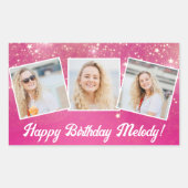 Hot Roze Sparkle Foto Collage Meisjes Verjaardag Rechthoekige Sticker (Voorkant)