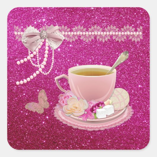 Hot-roze Sparkle Tea Party Custom Square Stickers (Voorkant)