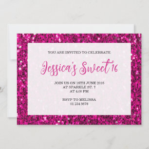 Hot-roze sparkles glitter Sweet 16 elegant script Kaart