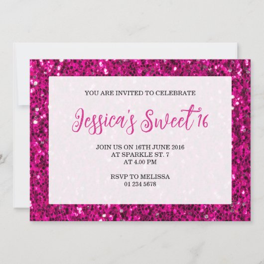 Hot-roze sparkles glitter Sweet 16 elegant script Kaart (Voorkant)