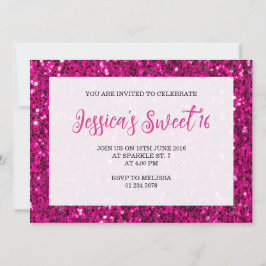 Hot-roze sparkles glitter Sweet 16 elegant script Kaart