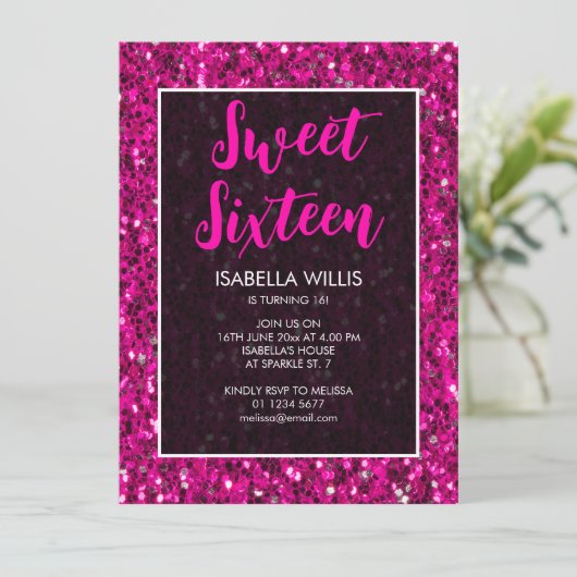 Hot-roze sparkles glitter Sweet 16 elegant script Kaart (Staand voorkant)