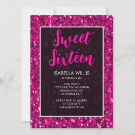 Hot-roze sparkles glitter Sweet 16 elegant script Kaart
