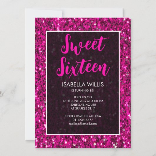 Hot-roze sparkles glitter Sweet 16 elegant script Kaart (Voorkant)