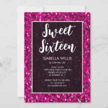Hot-roze sparkles glitter Sweet 16 elegant script