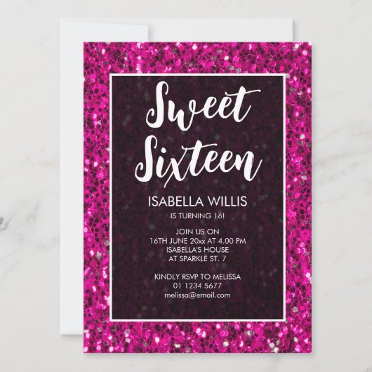 Hot-roze sparkles glitter Sweet 16 elegant script Kaart (Voorkant)
