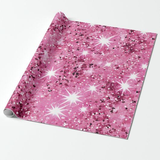 Hot roze sterren glitter cadeaupapier (Uitgerold)