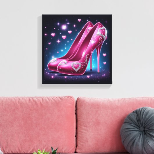 Hot roze stiletto's met diamanten en harten canvas afdruk (Insitu (Woonkamer))