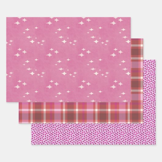 Hot-roze stippen, sterren en gips inpakpapier vel (Set)