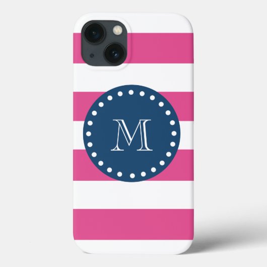 Hot-roze Stripes Patroon, Navy Blue Monogram Case-Mate iPhone Case (Achterkant)